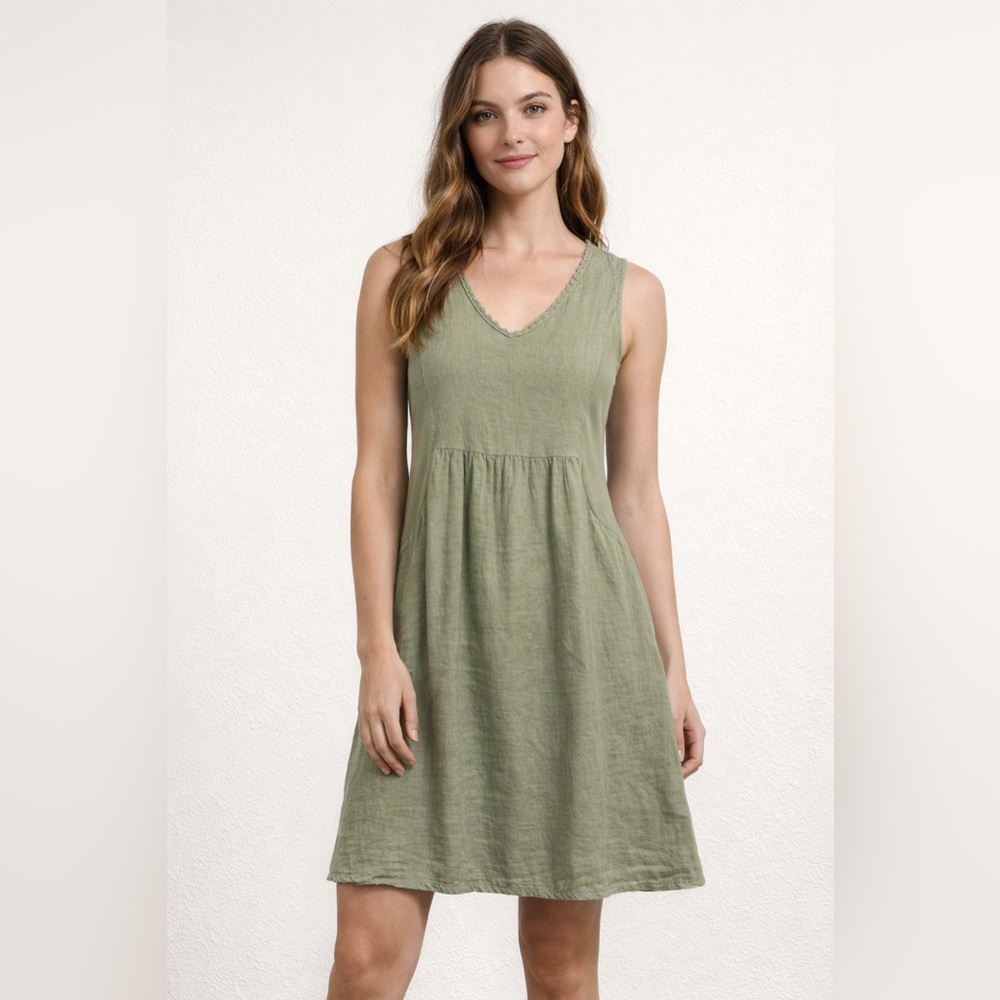 Terzo Millennio 100% Linen Olive Green Sleeveless Dress